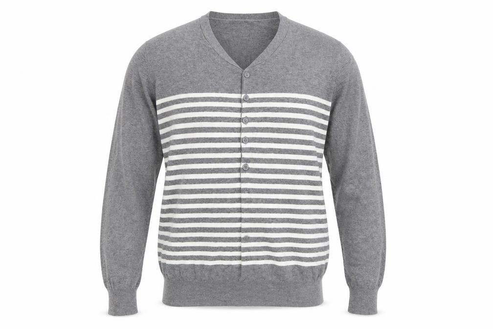 Front view of SCOUT men’s grey striped jumper, size L