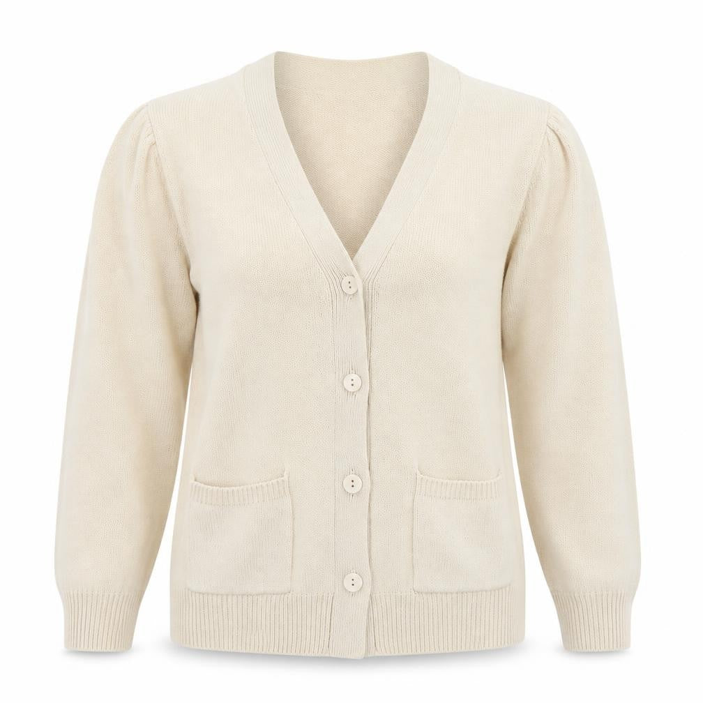 Front view of Damart women’s beige cardigan jumper, size UK 10