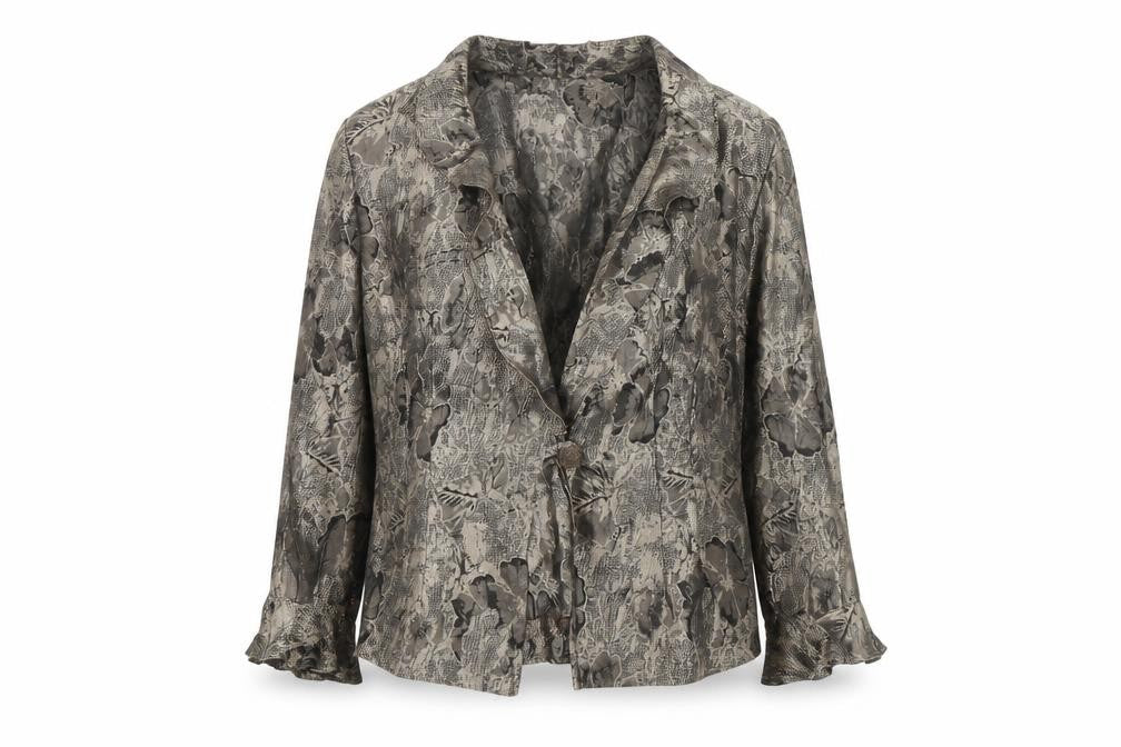 Front view of Satsuma women’s gold floral jacket blazer, size UK 12
