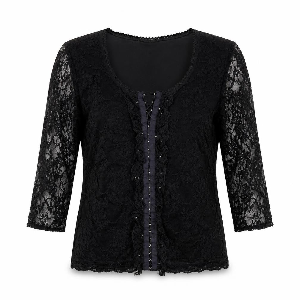 Front view of SF Collection women’s black floral lace basic blouse, size UK 12