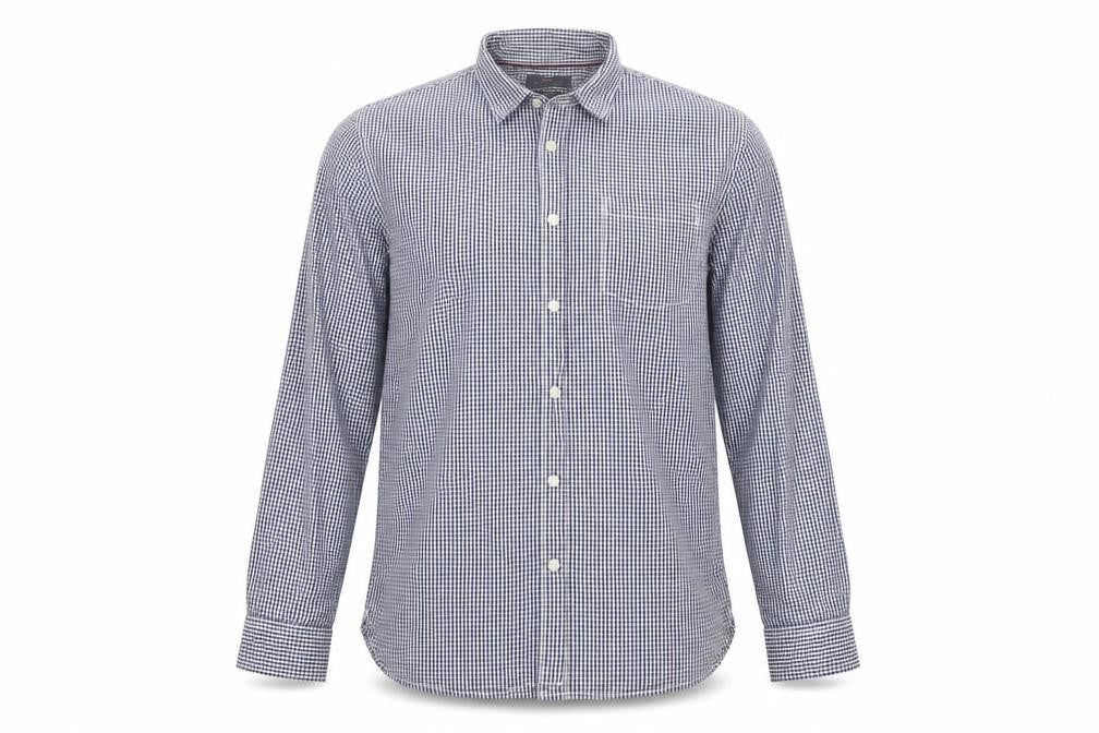Front view of Easy men’s blue check button-up, size L