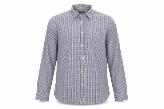 Front view of Easy men’s blue check button-up, size L