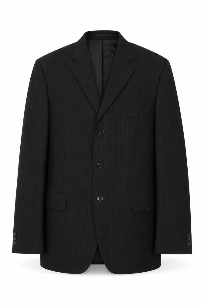 Front view of Pinsrtripe men’s black striped jacket suit jacket, size 44