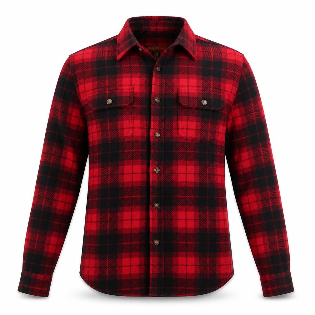 Front view of Prince and Fox men’s red plaid button-up, size S