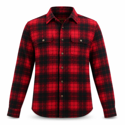 Front view of Prince and Fox men’s red plaid button-up, size S
