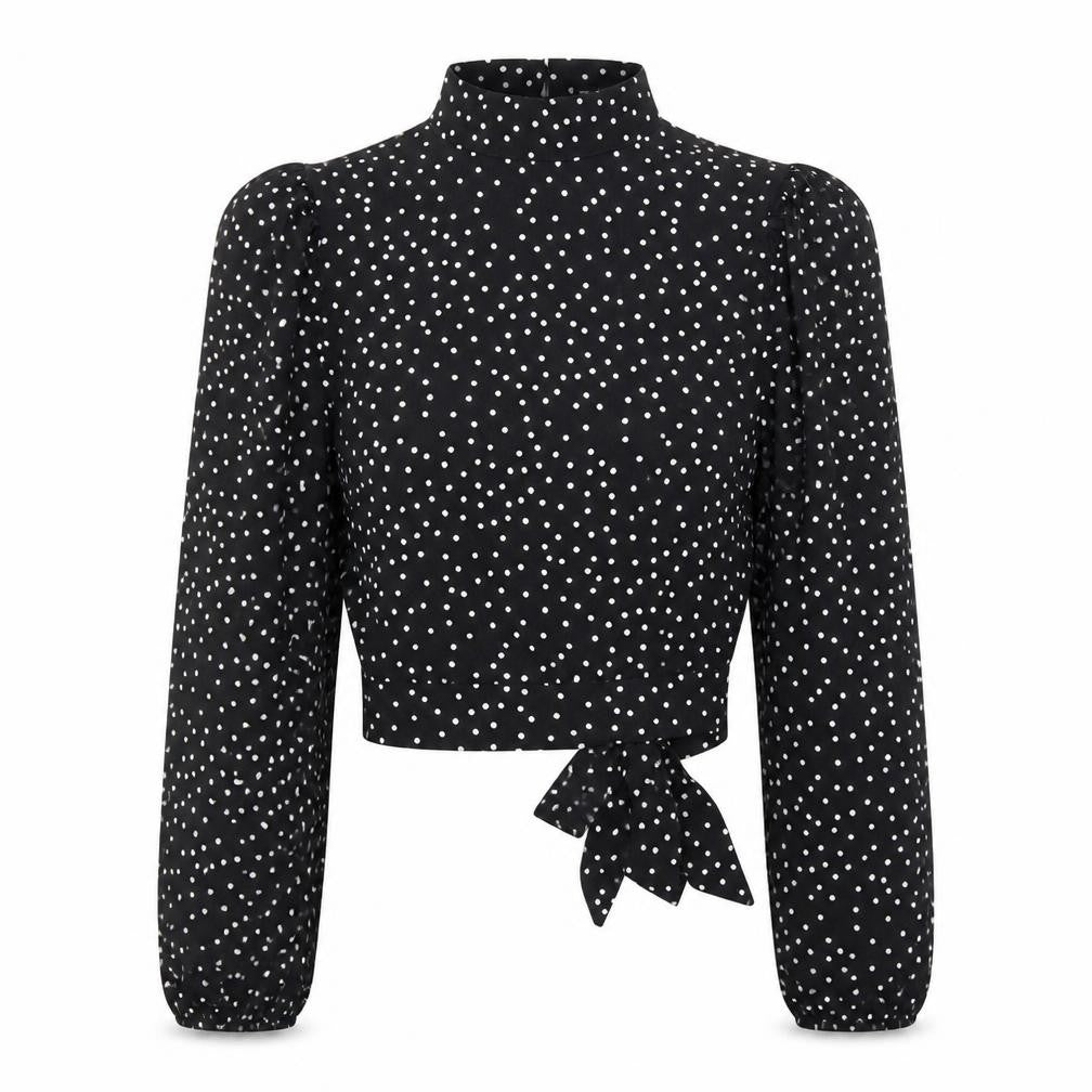 Front view of SHEIN women’s black polka dot basic blouse, size S, - open back