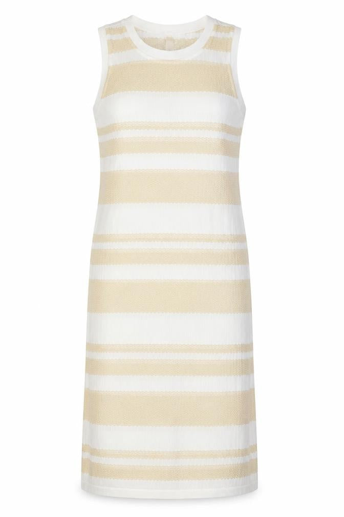Front view of ellie white women’s beige striped a-line, size M