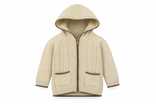 Front view of Preworn boys’ beige jacket, size 6-9, months