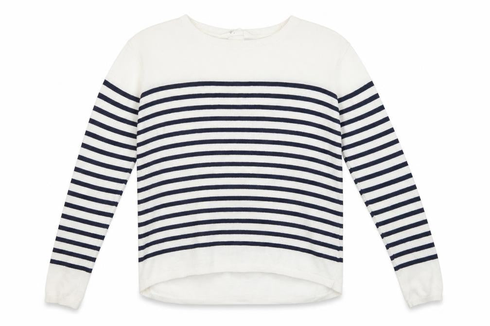Front view of H&M girls’ white striped jumper, size 14, years