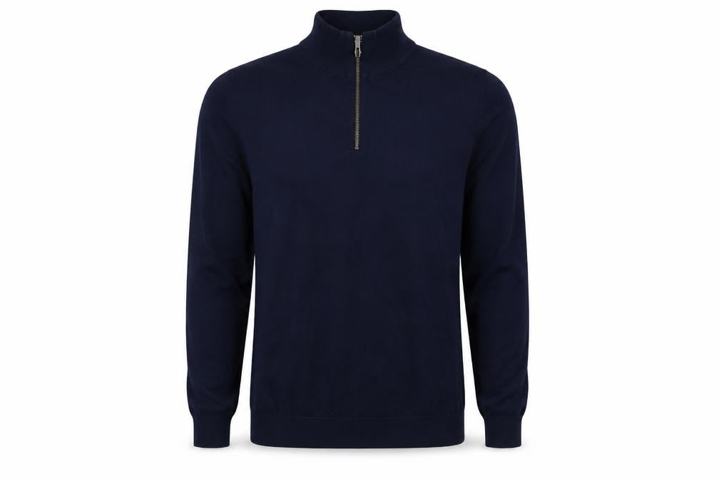 Front view of Avenue men’s blue henley jumper, size S