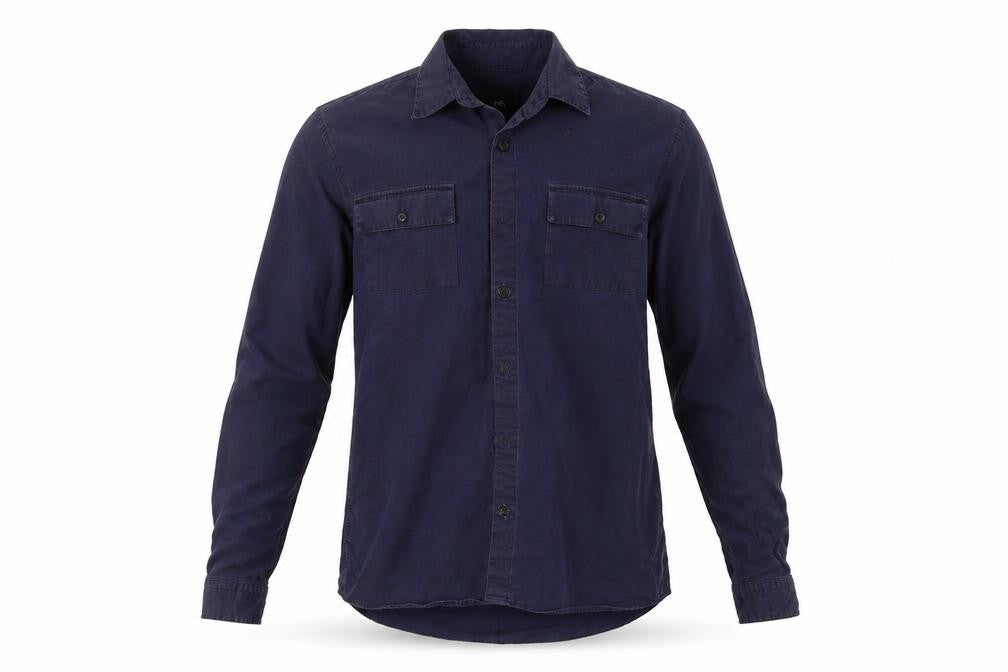 Front view of Burton men’s blue button-up, size S