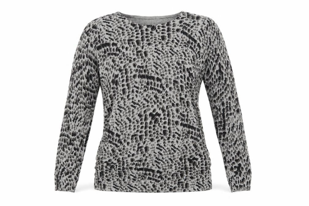 Front view of David Emanuel women’s grey animal print knit pullover sweatshirt, size S