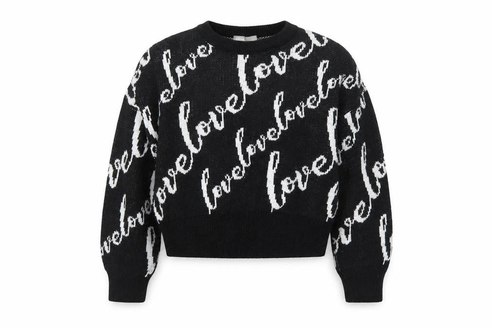 Front view of ASOS women’s black knit pullover sweatshirt, size UK 8, - oversized cropped jumper