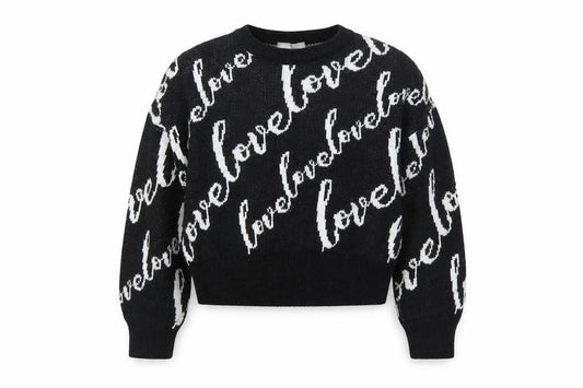 Front view of ASOS women’s black knit pullover sweatshirt, size UK 8, - oversized cropped jumper