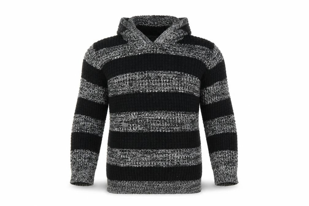 Front view of TU boys’ black striped knit pullover sweatshirt, size 7, years