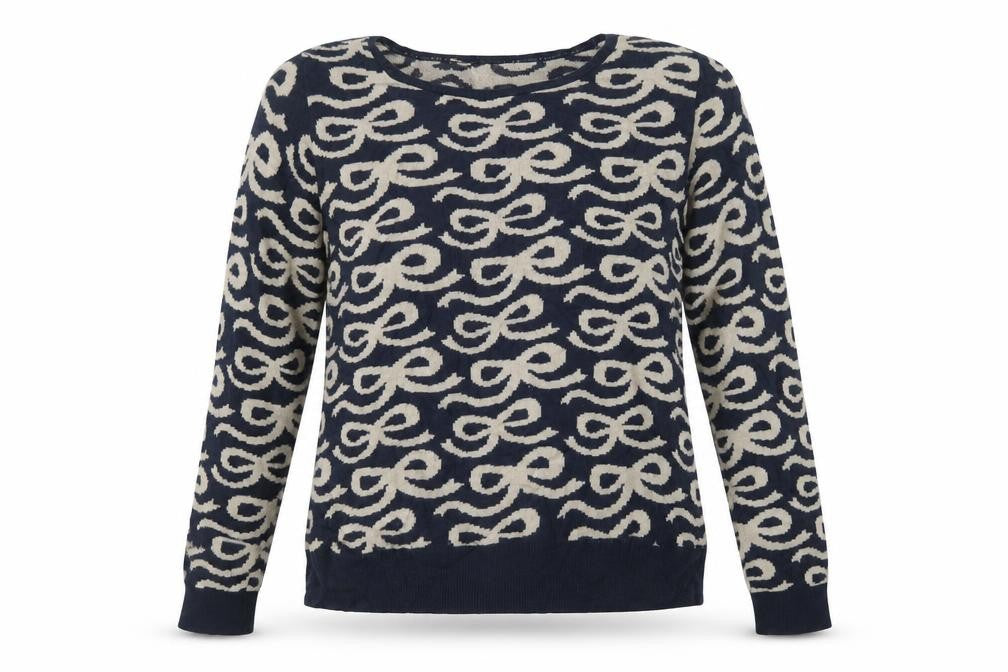 Front view of Marks & Spencer women’s blue geometric knit pullover sweatshirt, size UK 14