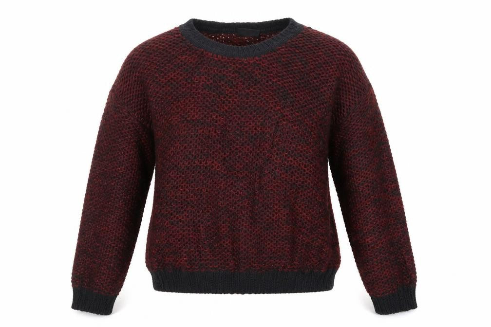 Front view of Golddigga women’s red knit pullover sweatshirt, size UK 8