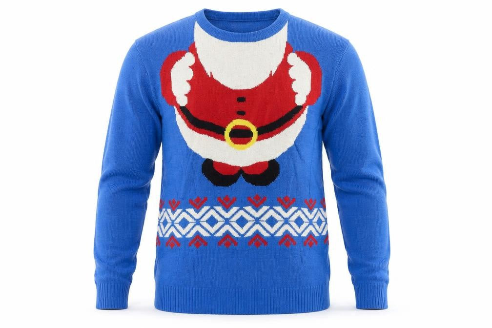 Front view of men’s blue knit pullover sweatshirt, size M, - christmas