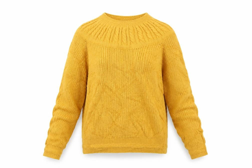 Front view of Karen Scott women’s yellow knit pullover sweatshirt, size M