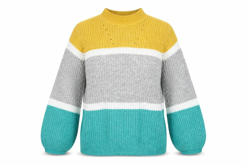 Front view of Matalan women’s grey striped knit pullover sweatshirt, size L