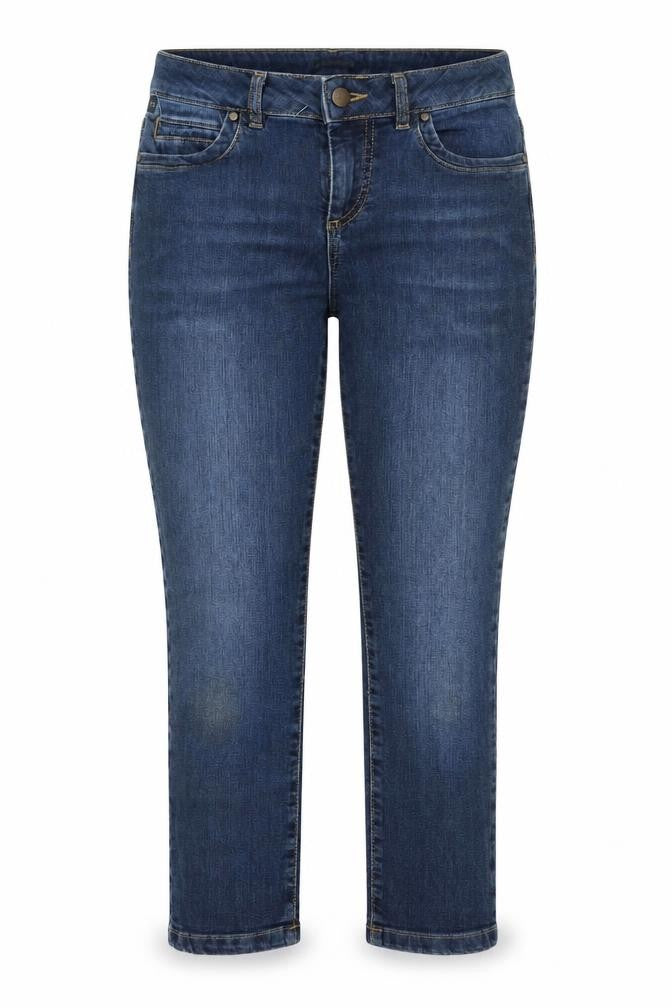 Front view of Blue 73 women’s blue denim cropped jeans, size UK 8, 23.5-inch leg