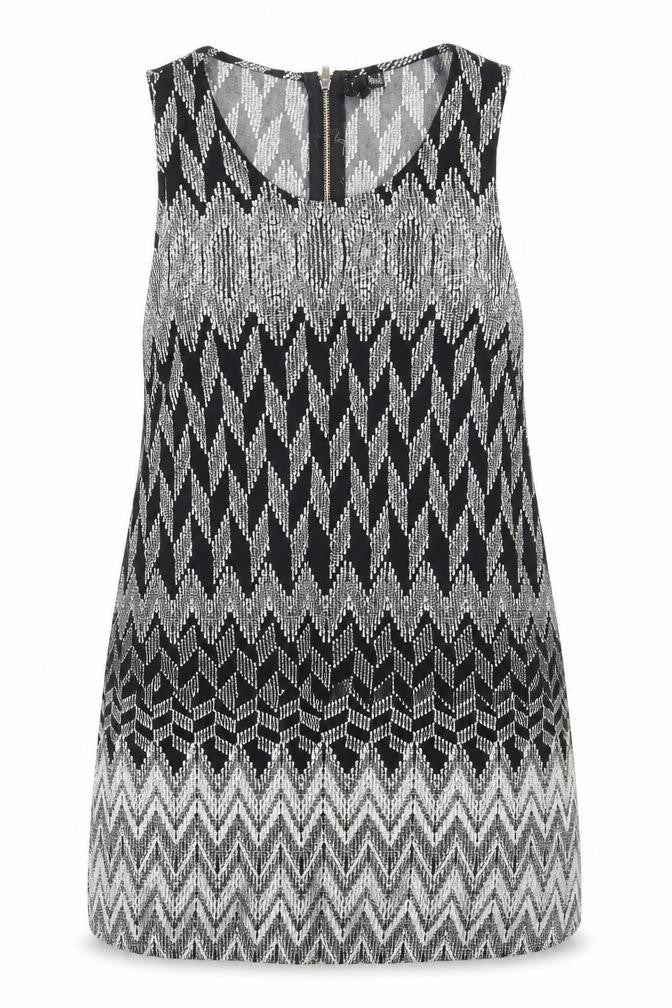 Front view of Izabel women’s black geometric basic tank, size UK 14