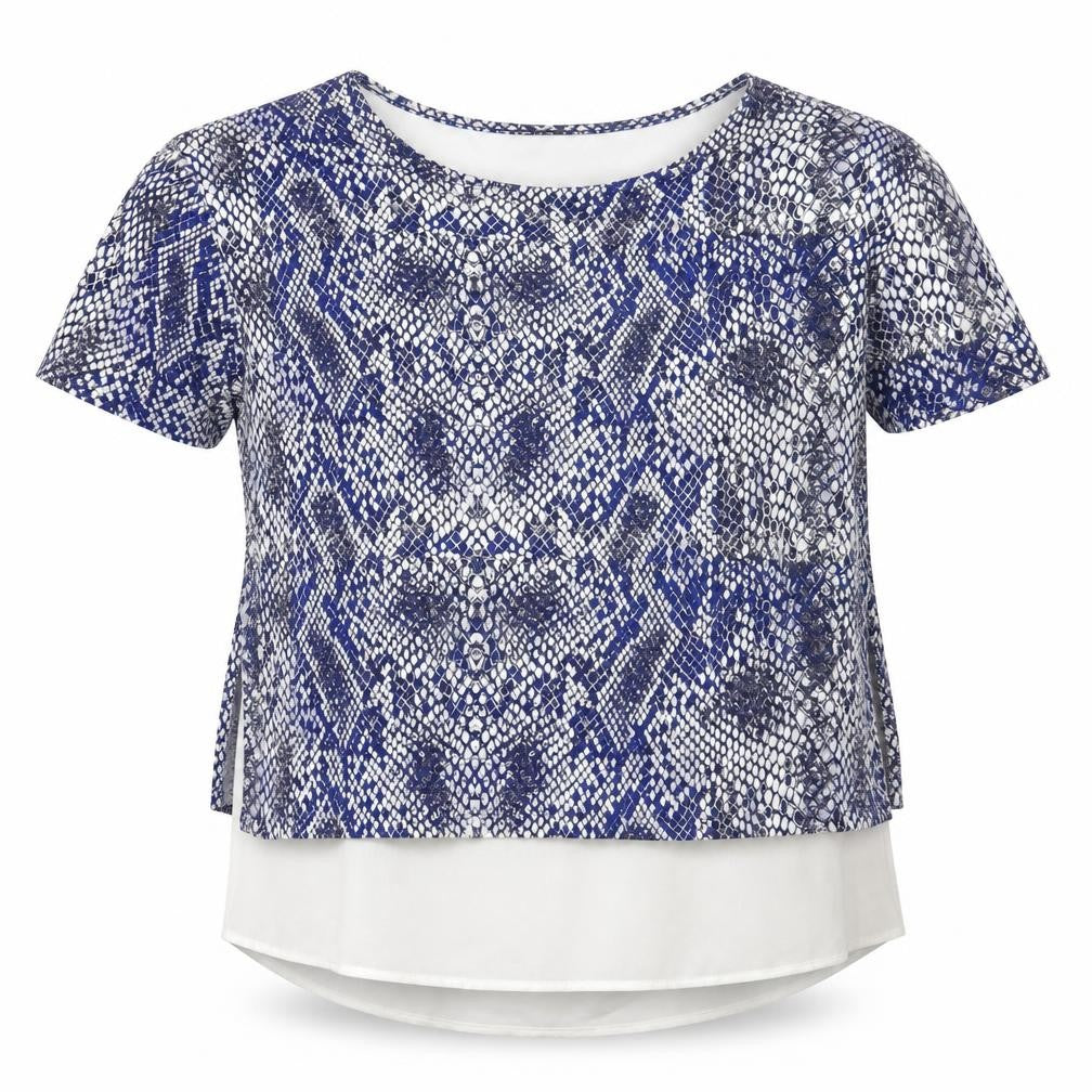 Front view of Marks & Spencer women’s blue animal print basic t-shirt, size UK 12
