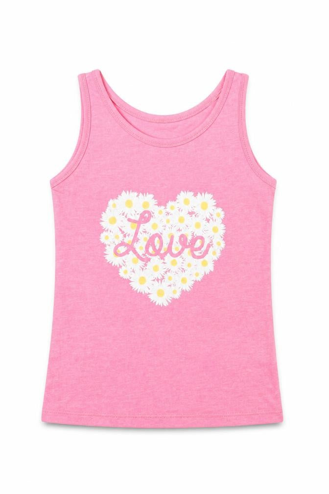 Front view of Young Dimension girls’ pink floral basic tank, size 6-7, years