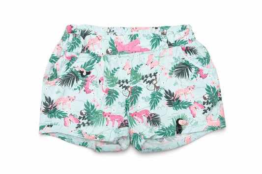 Front view of H&M girls’ green floral bermuda shorts, size 5-6, years
