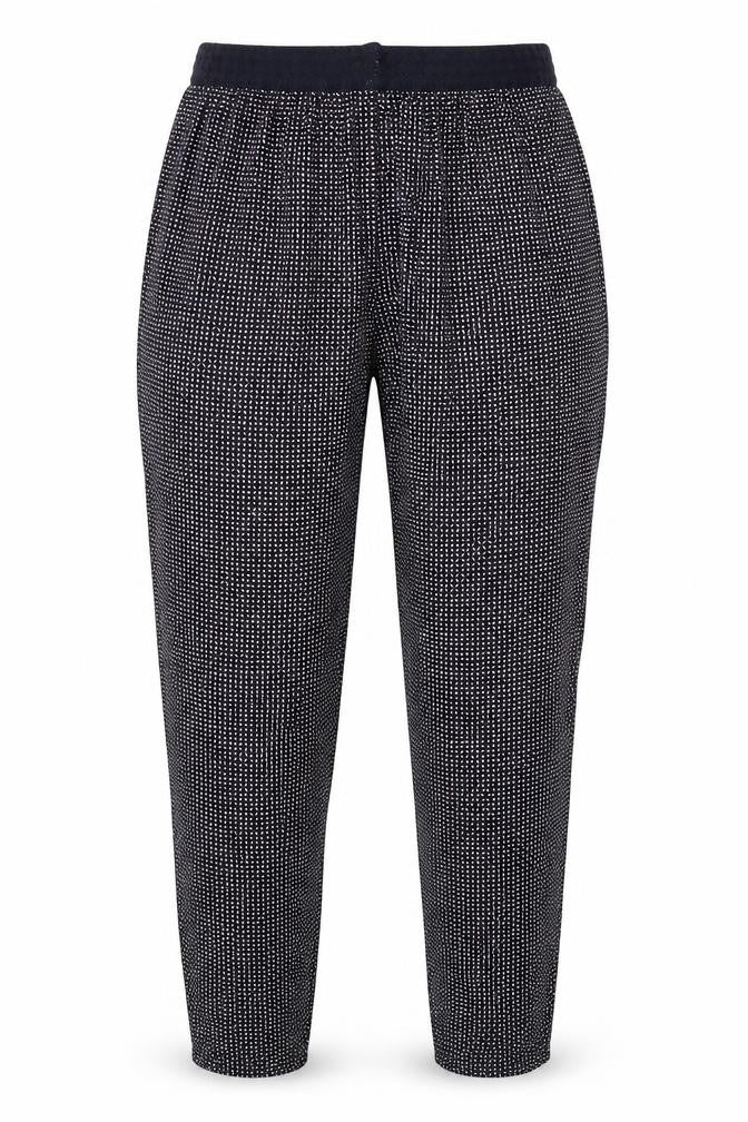 Front view of H&M women’s multicoloured polka dot trousers, size UK 12, 25-inch leg