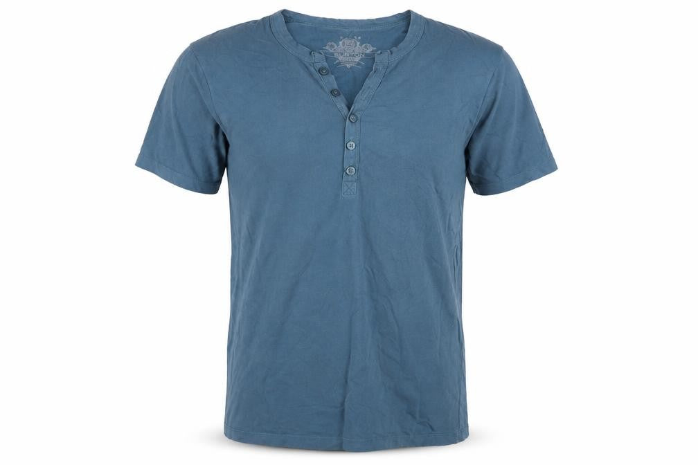 Front view of Burton men’s blue polo, size S