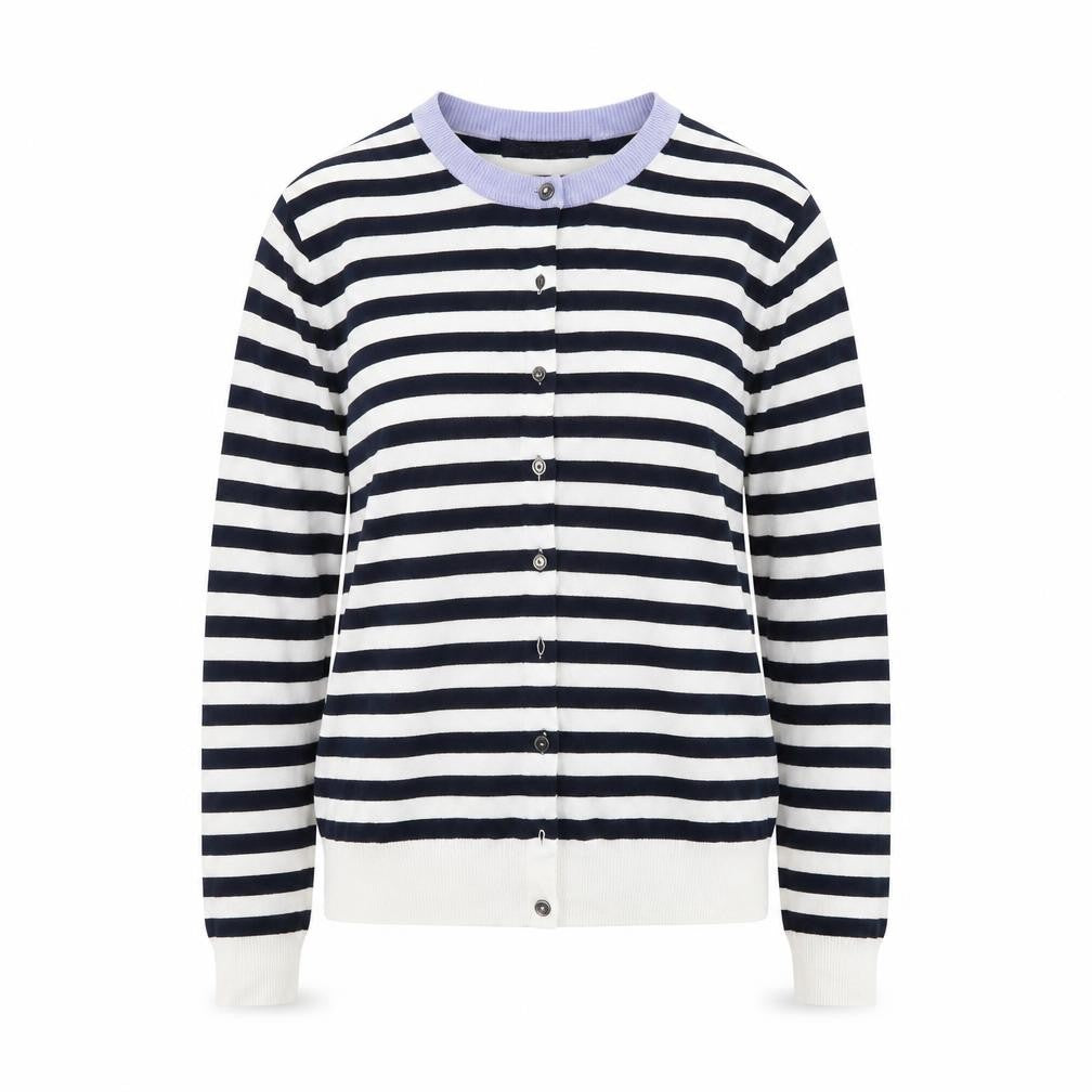 Front view of Marks & Spencer women’s white striped cape jumper, size UK 14