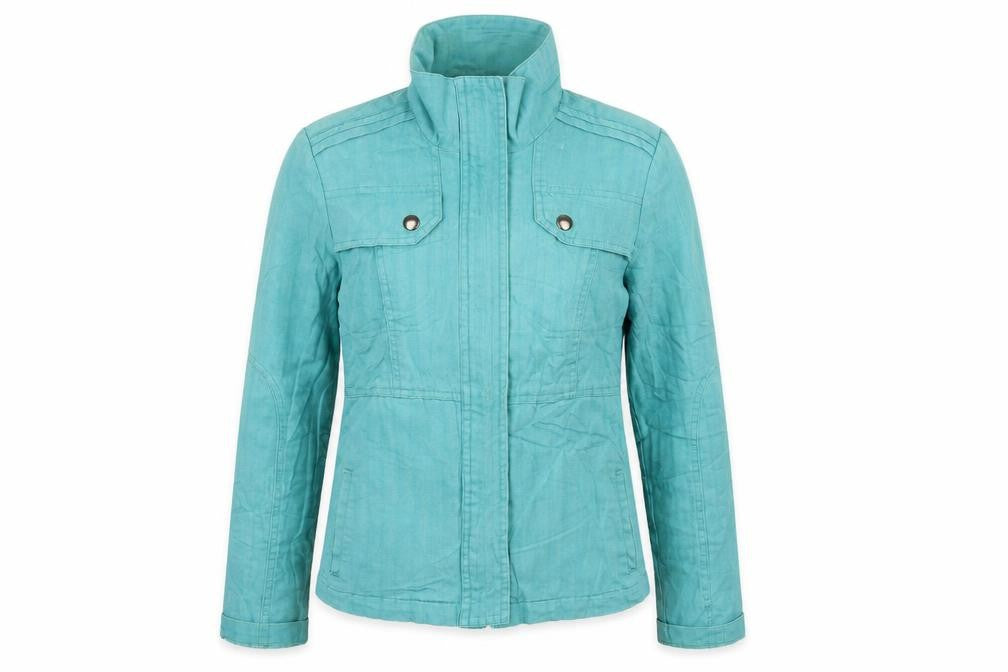 Front view of Lakeland women’s blue jacket, size UK 12