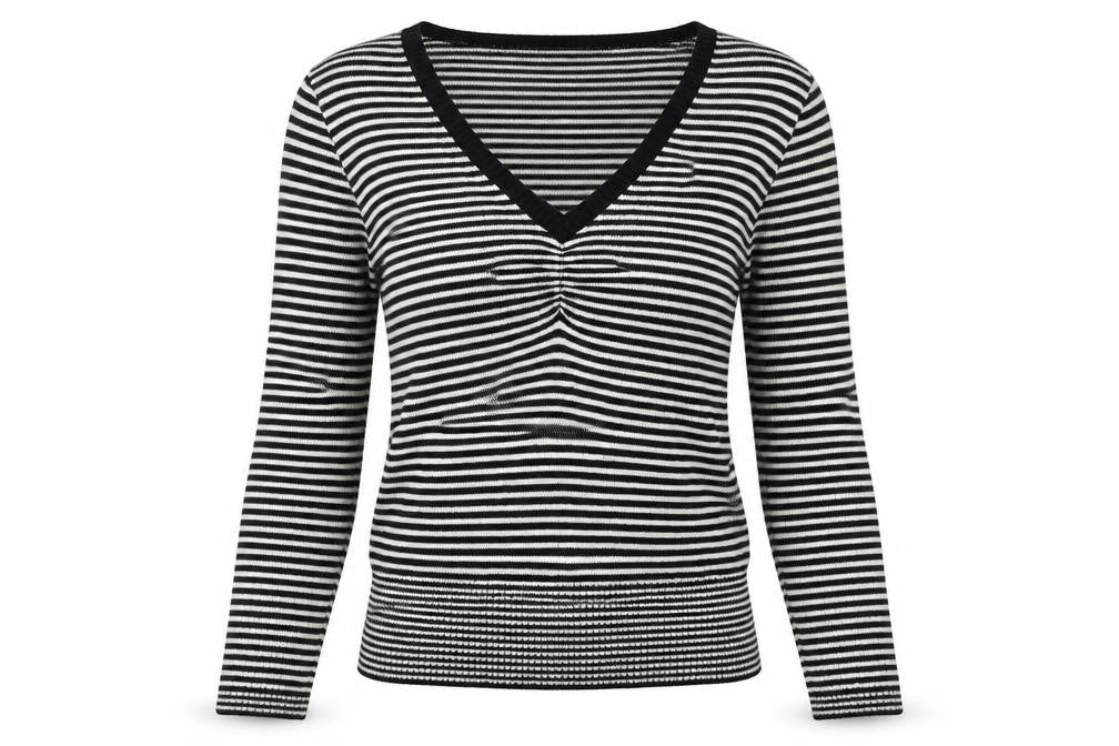 Front view of Topshop women’s black striped jumper, size UK 8