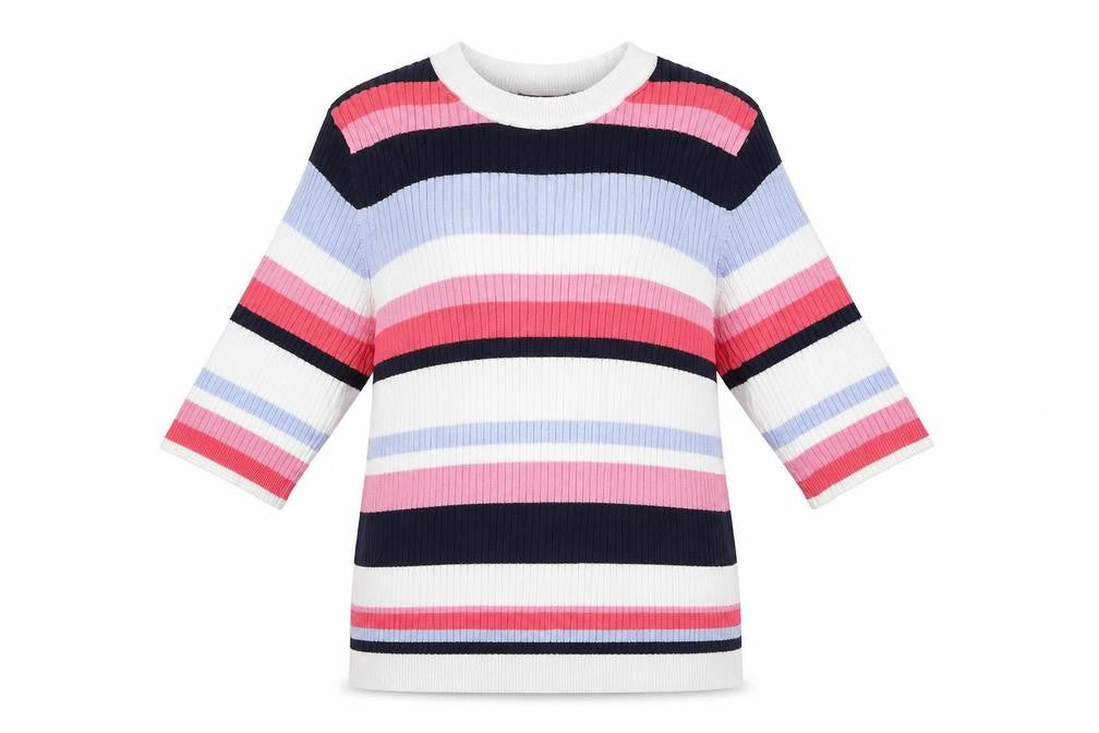 Front view of Marks & Spencer women’s multicoloured striped jumper, size UK 12
