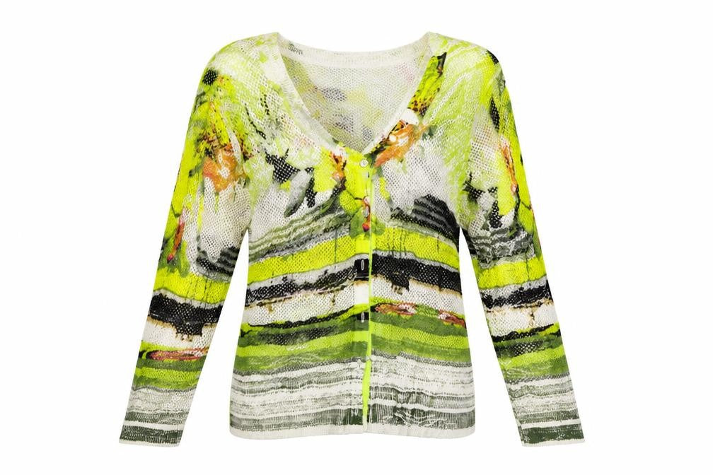 Front view of TUZZI women’s multicoloured geometric cardigan jumper, size S