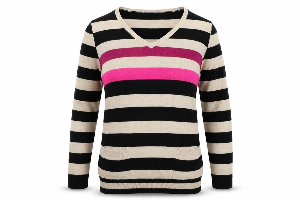 Front view of South women’s multicoloured striped jumper, size L
