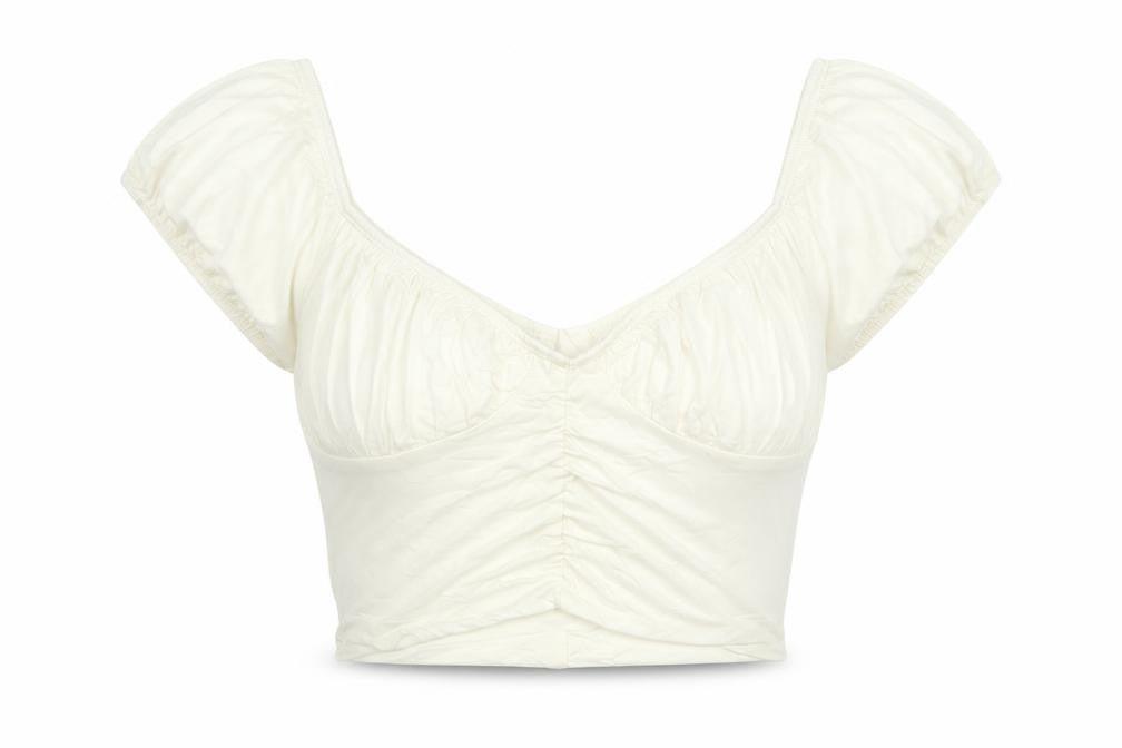 Front view of SHEIN women’s ivory rayon cropped blouse, size M