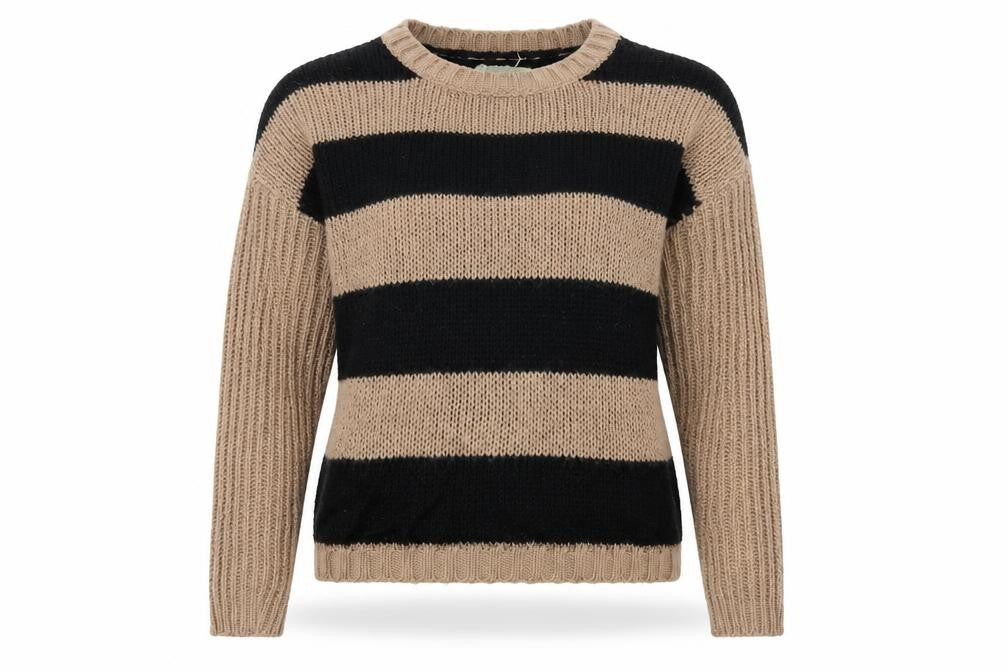 Front view of vintage couture women’s beige striped jumper, size UK 12