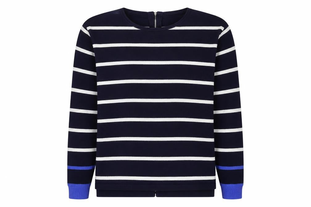 Front view of 89th & Madison women’s blue striped jumper, size M
