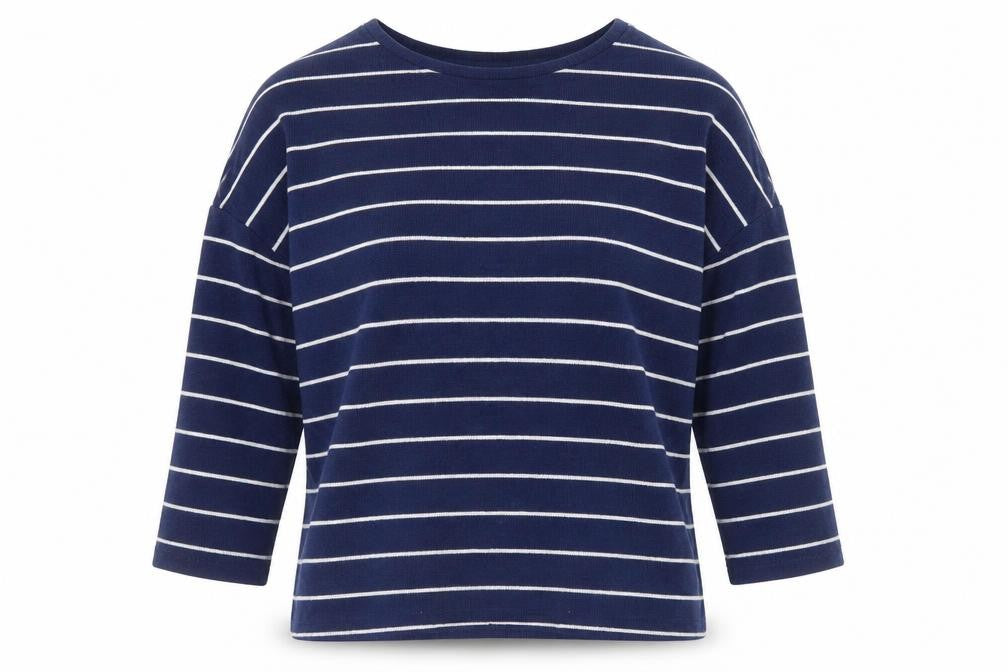 Front view of Tu women’s blue striped knit jumper, size UK 14