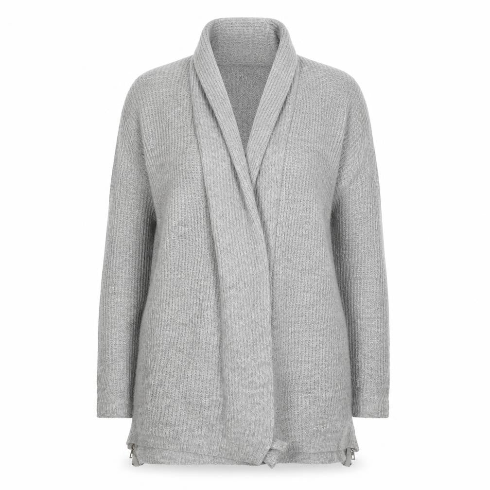 Front view of River Island women’s grey knit cardigan jumper, size S