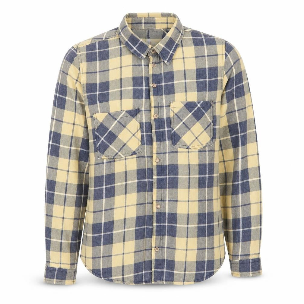 Front view of C&C women’s yellow check basic button-up, size M