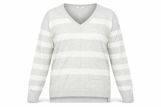 Front view of Papaya women’s grey striped knit jumper, size M