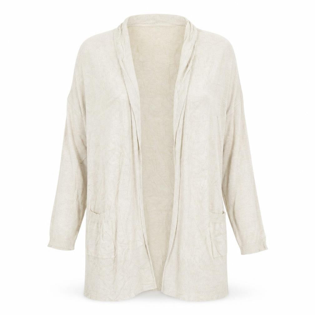 Front view of Atmosphere women’s beige knit cardigan jumper, size UK 8
