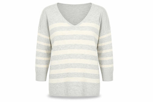 Front view of Oasis women’s grey striped knit jumper, size S