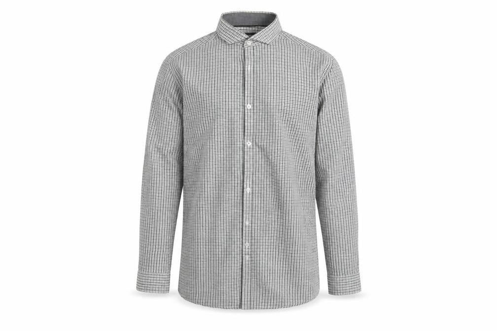 Front view of Cedarwood State men’s white check button-up, size 15.5