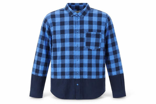 Front view of Native Youth men’s blue check button-up, size L