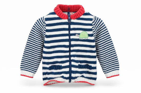 Front view of jhon lewis boys’ blue striped basic jacket jacket, size 3-6, months