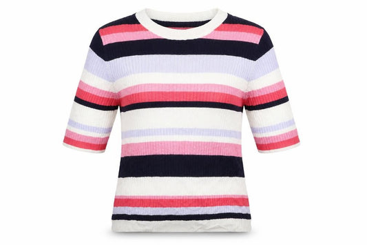 Front view of Marks & Spencer women’s multicoloured striped knit jumper, size UK 12